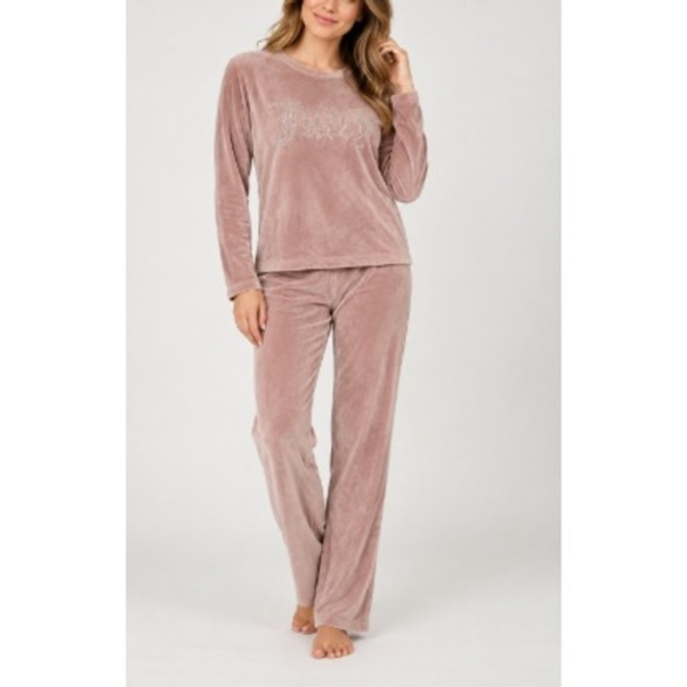 Juicy Couture Women's Pink Velour Rhinestone Sleepwear Top Pant Size L Set of 2